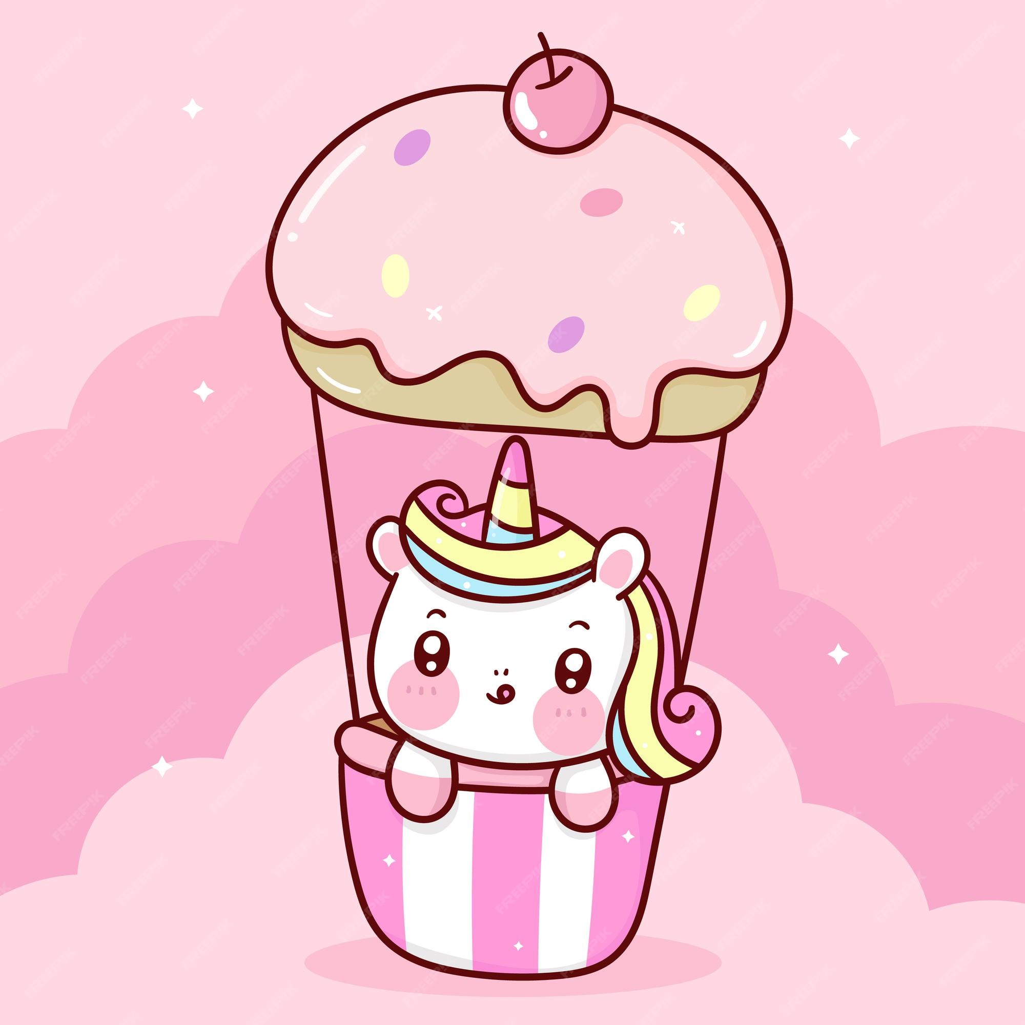 Cute dibujos animados de unicornio en dulce cupcake globo pastel cielo  animales kawaii | Vector Premium