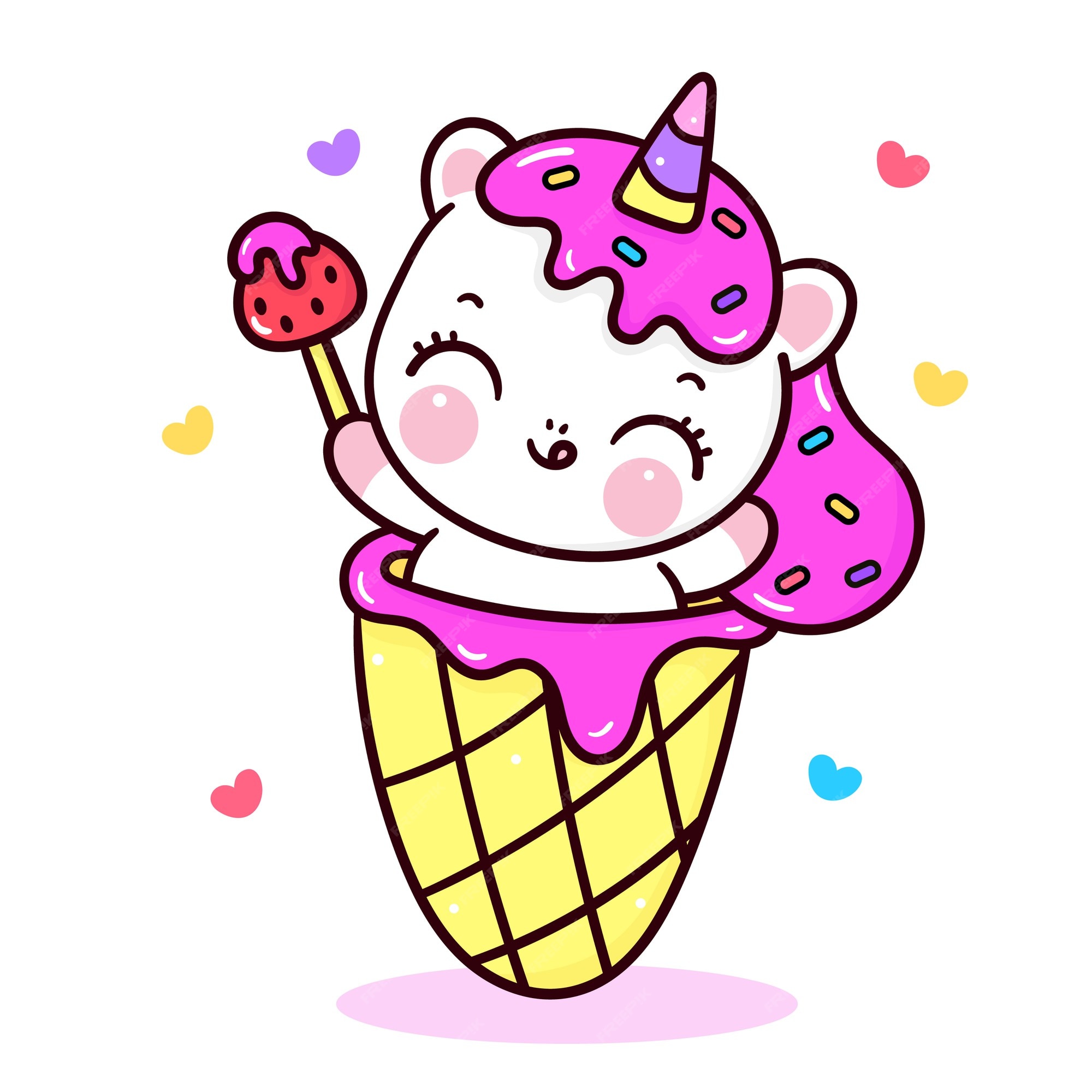 Cute dibujos animados de unicornio con dulce helado kawaii mano darwn |  Vector Premium