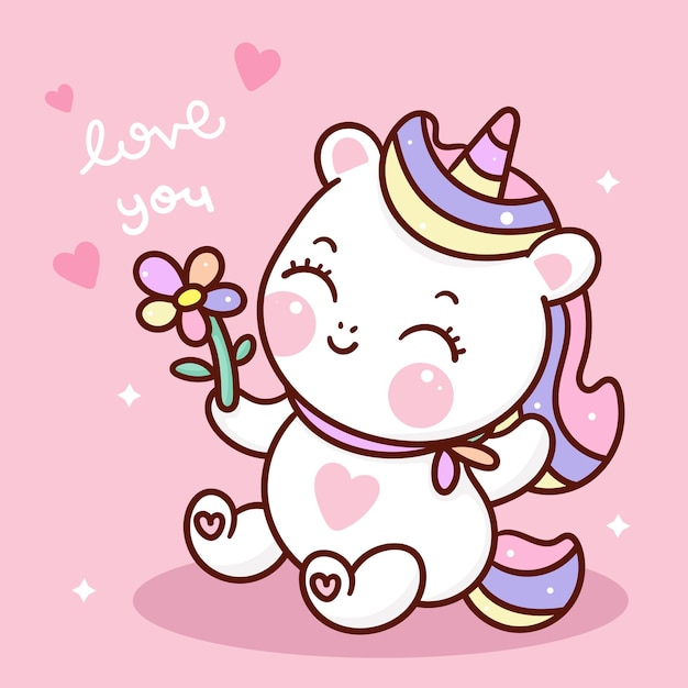 Vector cute dibujos animados de unicornio con flor estilo kawaii