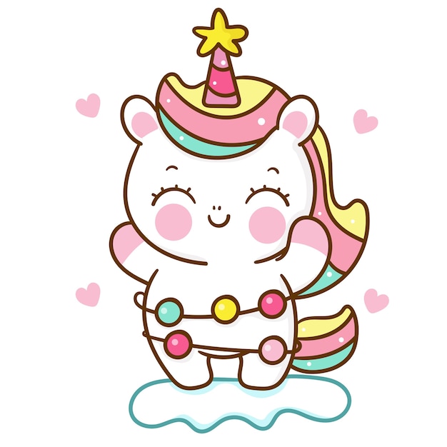 Cute dibujos animados de unicornio con guirnalda de luz kawaii dibujada a mano