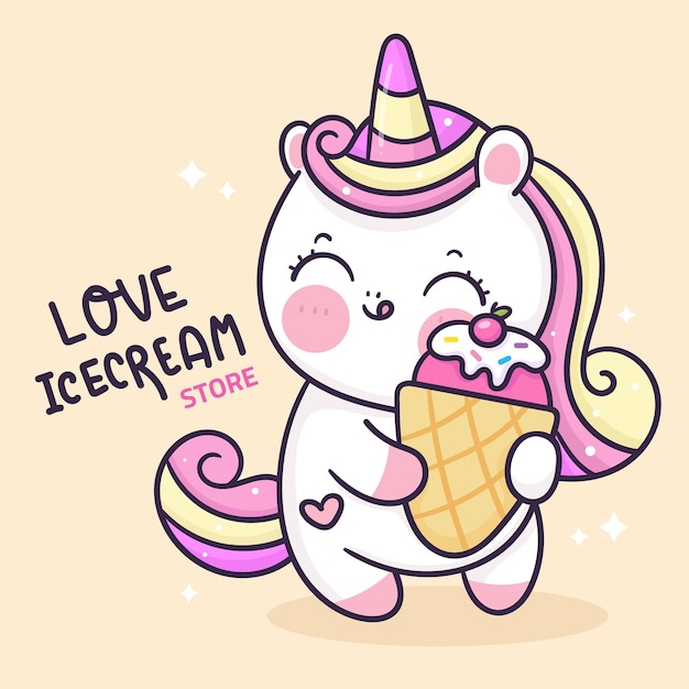 Cute dibujos animados de unicornio con helado kawaii animal