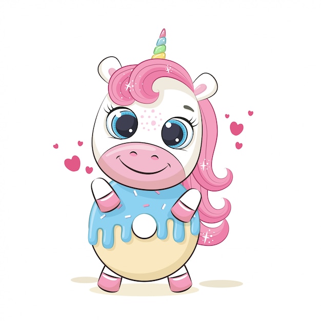 Cute dibujos animados unicornio manteniendo deliciosas donas