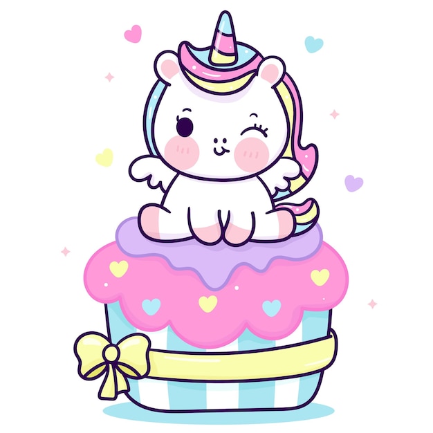 Vector cute dibujos animados de unicornio sentarse en cupcake de cumpleaños animal kawaii