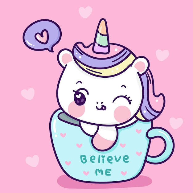 Cute dibujos animados de unicornio en la taza de amor animal kawaii para el día de san valentín