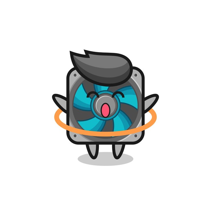 Vector cute dibujos animados de ventilador de computadora está jugando hula hoop