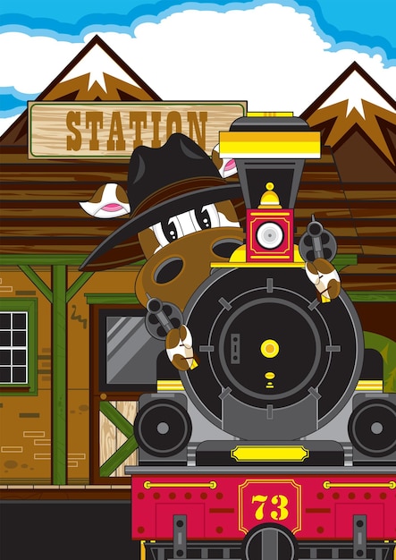 Cute dibujos animados Wild West Cow Cowboy Outlaw con tren de vapor de estilo occidental