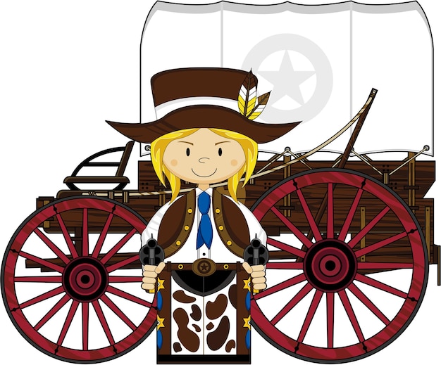 Cute dibujos animados Wild West Cowgirl Pistolero con estilo occidental Chuck Wagon