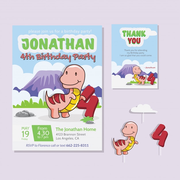 Vector cute dinosaur theme 4th birthday party invitation card