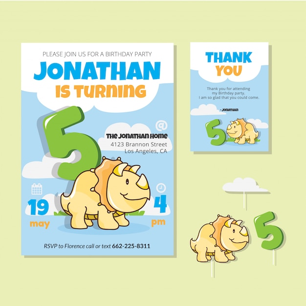 Vector cute dinosaur theme 5th birthday party invitation card