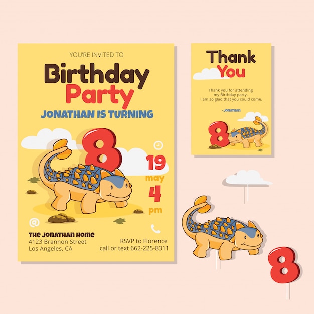 Vector cute dinosaur theme 8th birthday party invitation card