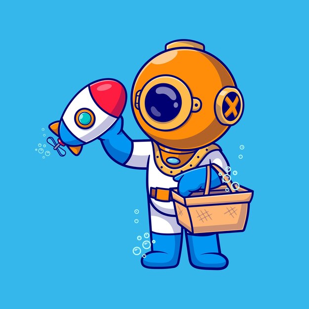 Cute Diver Holding Basket Con Submarine Toy Cartoon Vector Icon Ilustración Ciencia Tecnología