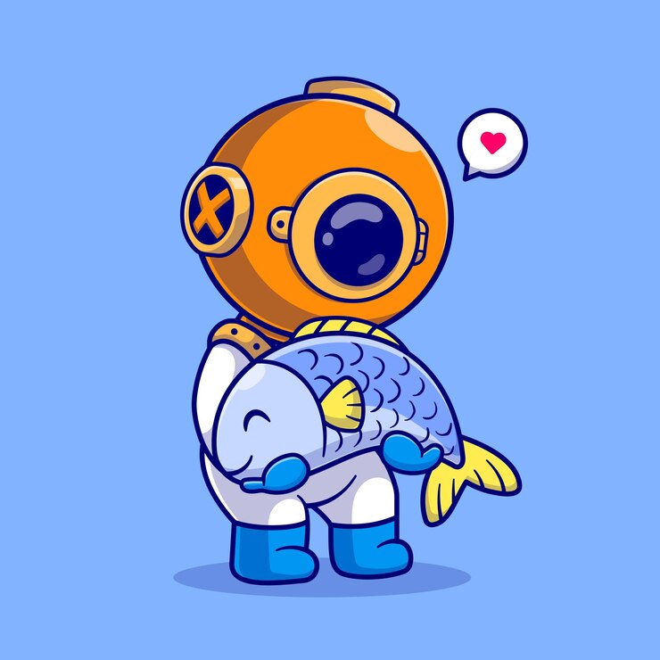 Vector cute diver holding big fish cartoon vector icon ilustración. ciencia animal icono concepto aislado