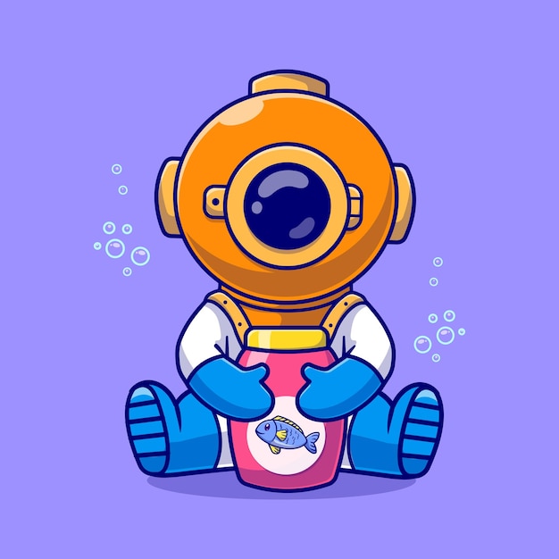 Cute diver holding fish jam jar dibujos animados vector icono ilustración. icono de ciencia naturaleza aislado