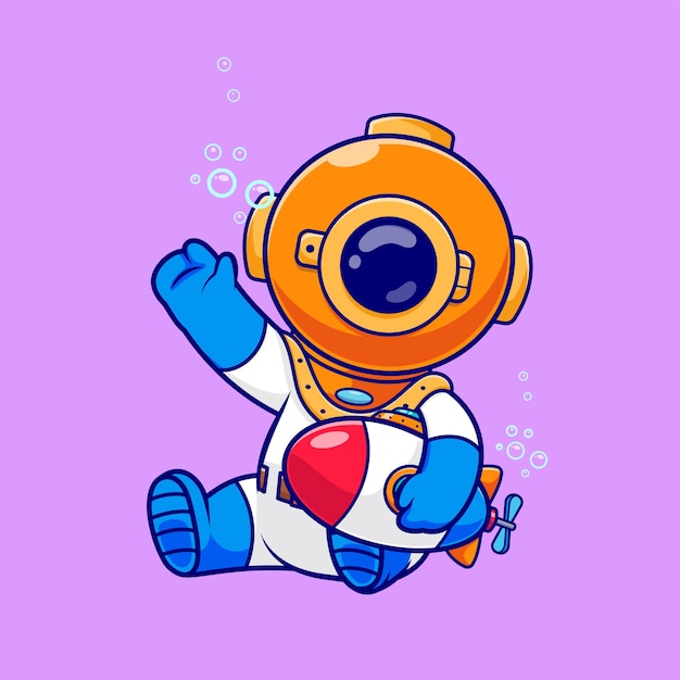 Cute Diver Holding Submarine Toy Cartoon Vector Icono Ilustración Ciencia Tecnología Aislado Plano