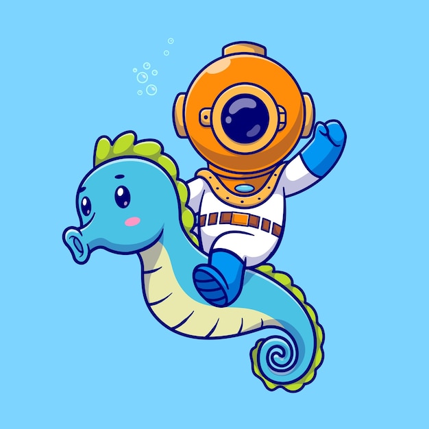 Cute diver riding seahorse dibujos animados vector icono ilustración. ciencia animal icono concepto aislado