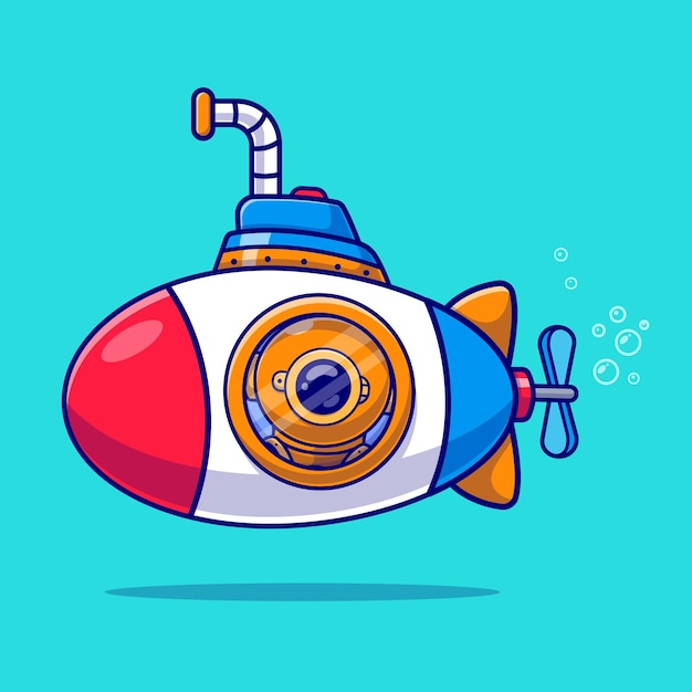 Cute Diver Riding Submarine Cartoon Vector Icon Illustration. Icono de transporte de ciencia aislado