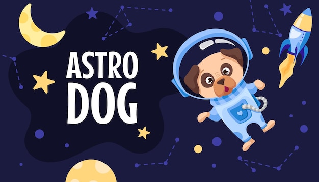 Cute Dog astronauta en traje volando en espacio abierto Personaje explorando galaxia con planetas estrellas