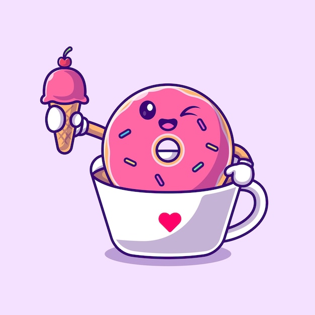 Vector cute donut holding ice cream cone en coffee cup cartoon vector icon illustration food drink icon