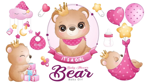 Vector cute doodle bear baby shower con conjunto de ilustraciones de acuarela