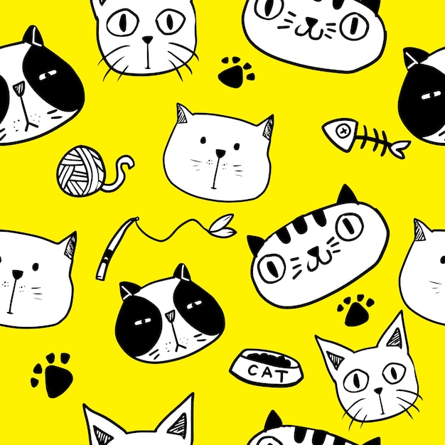 Cute doodle cat seamless pattern