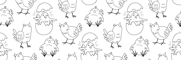 cute easter doodle pattern with funny yellow chick in various poses funny character in broken egg