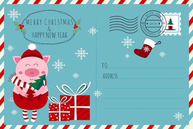 Vector cute elf cochinillo navidad y año nuevo postal