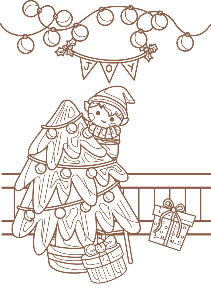 Cute Elf Kids Decorated Christmas Tree para la actividad de coloreo navideño para niños y adultos