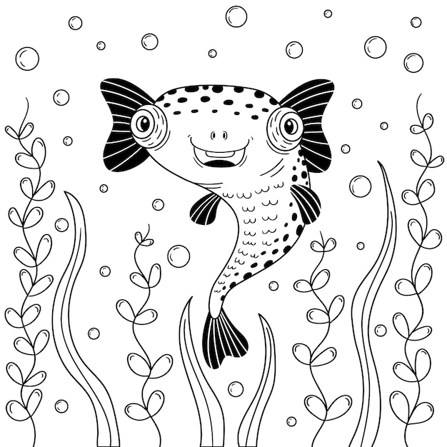 Cute Fish Diodon en algas sopla burbujas. Gráficos vectoriales en blanco y negro