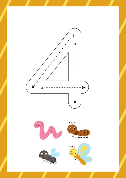 Cute flashcard de cómo escribir el número 4. Hoja de trabajo para niños.
