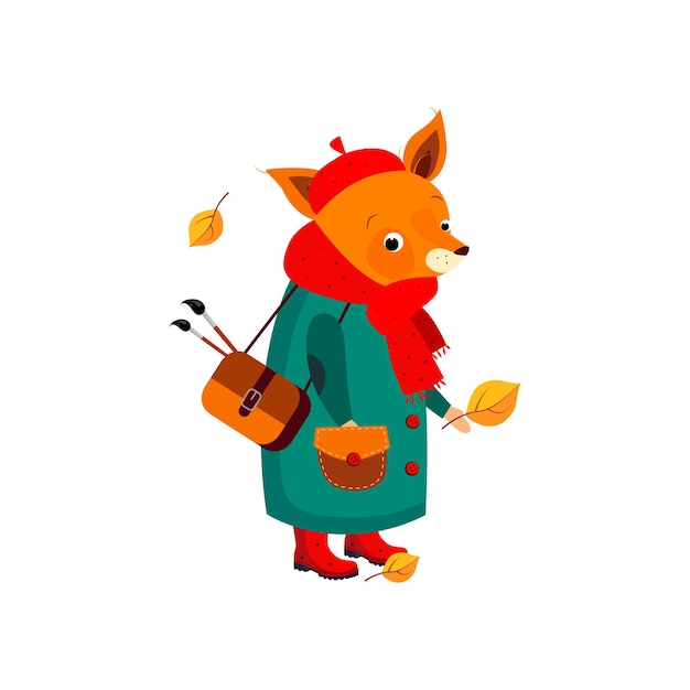 Cute Fox Artist caminando en otoño. Ilustración vectorial