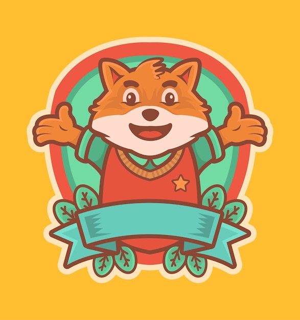 Cute Fox Cartoon visten la mascota del logotipo de la Universidad uniforme con cinta y hojas