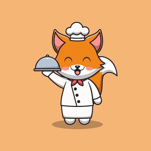 Cute fox chef lleva un plato