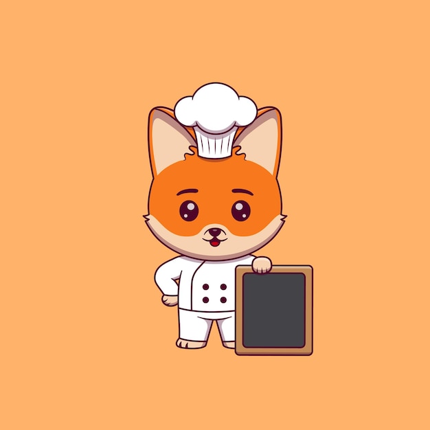 Cute fox chef de pie junto a un letrero vacío