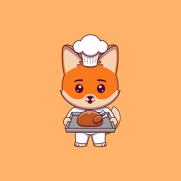 Cute fox chef sosteniendo una bandeja de pollo asado