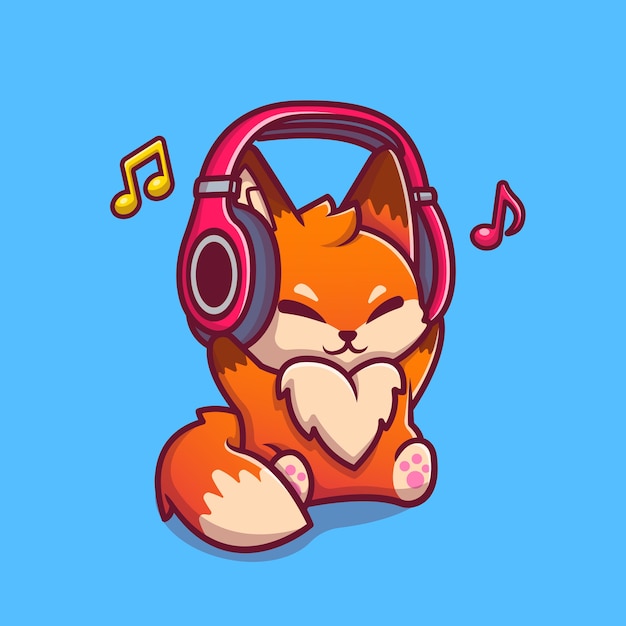 Cute fox escuchar música con auriculares cartoon icon illustration. concepto de icono de música animal aislado. estilo de dibujos animados plana