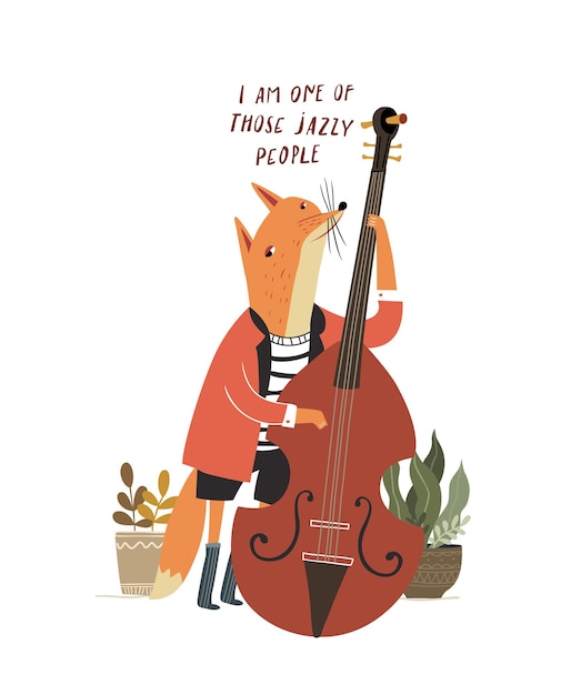 Vector cute fox toca el contrabajo fox tocando un instrumento musical con contrabajo