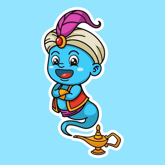 Cute genie cartoon character gráficos vectoriales premium en estilo de pegatinas