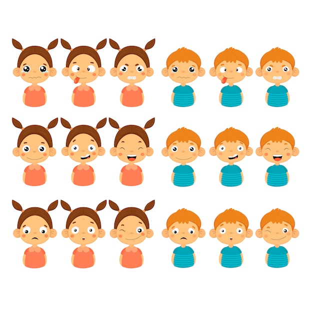 Vector cute girl and boy faces mostrando diferentes emociones