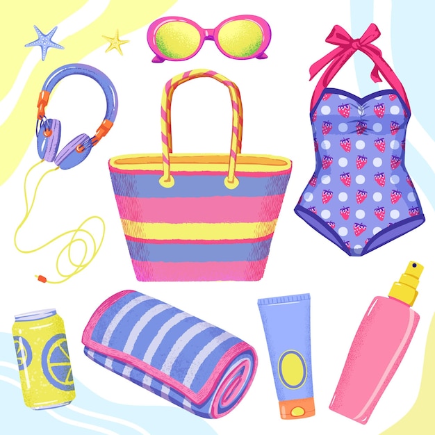 Vector cute girly beach essentials set vintage traje de baño gafas de sol protector solar bronceado spray auriculares