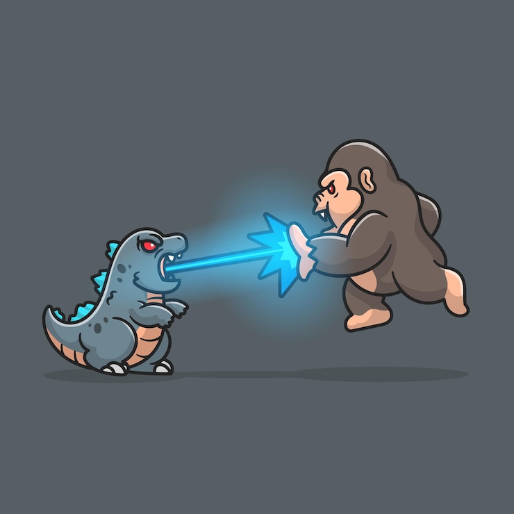 Vector cute godzilla gushes fire at kong cartoon icon illustration.