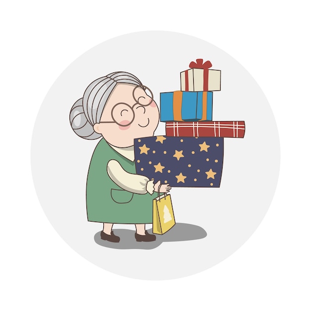 Cute Granny lleva muchos regalos.