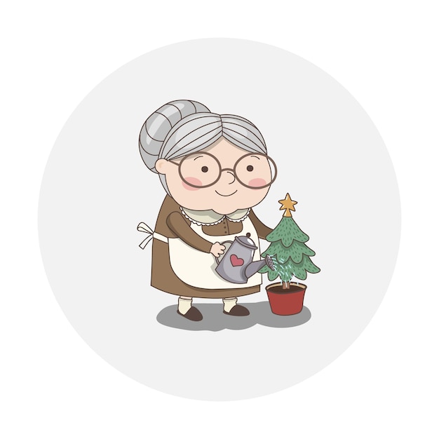 Cute granny está regando el árbol de año nuevo. | Vector Premium Cute granny está regando el árbol de año nuevo. | Vector Premium