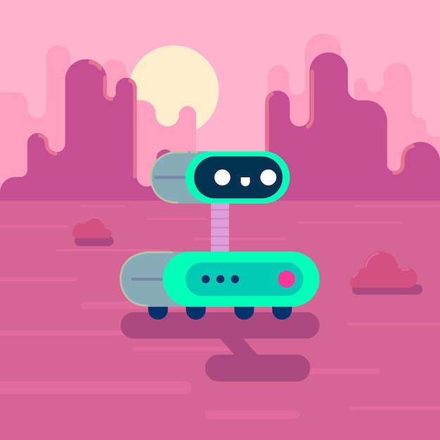 Cute green ai robot observando marte el planeta rojo vector ilustración