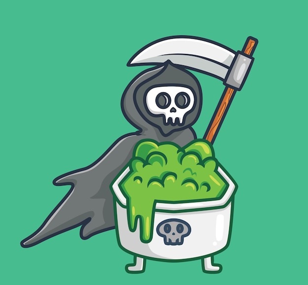 Cute grim reaper trae una taza de veneno de dibujos animados concepto de halloween Ilustración aislada Flat Style