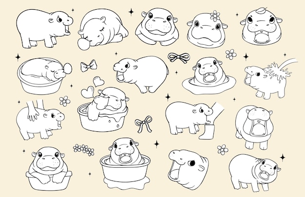 Cute Grumpy Baby Pygmy Hippo Playful Bouncy Pig imagen para colorear dibujos animados dibujados a mano Doodle para colorear
