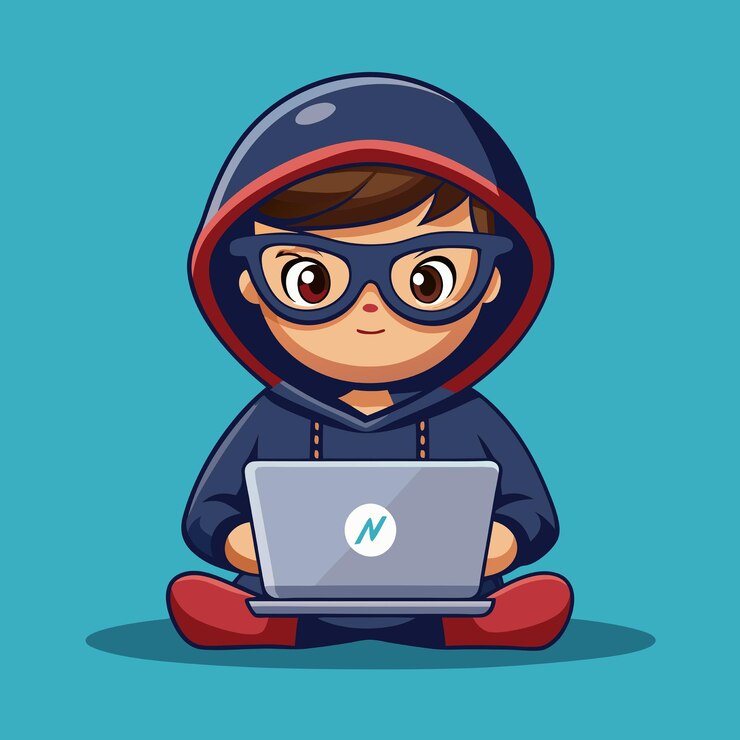 Vector cute hacker operating laptop icon de dibujos animados vectoriales ilustración gente tecnología icon concepto aislado estilo de dibuyos animados planos vectoriales premium