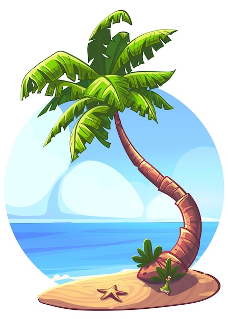 Vector cute hand drawn vector illustration with palm tree on ocean background