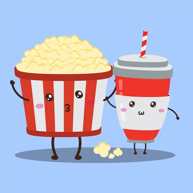 Cute happy pop corn and soda drinks vector design