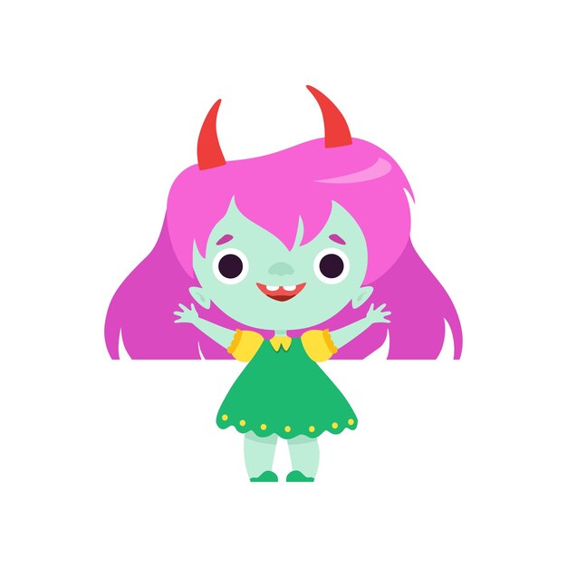 Cute Horned Troll Girl Happy Smiling Fantasy Creature Character con ilustración vectorial de cabello de color sobre un fondo blanco