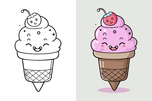 Cute Ice Cream Cartoon line art vector Icono ilustración Comida bebida Flat Cartoon Concept Pro Vector